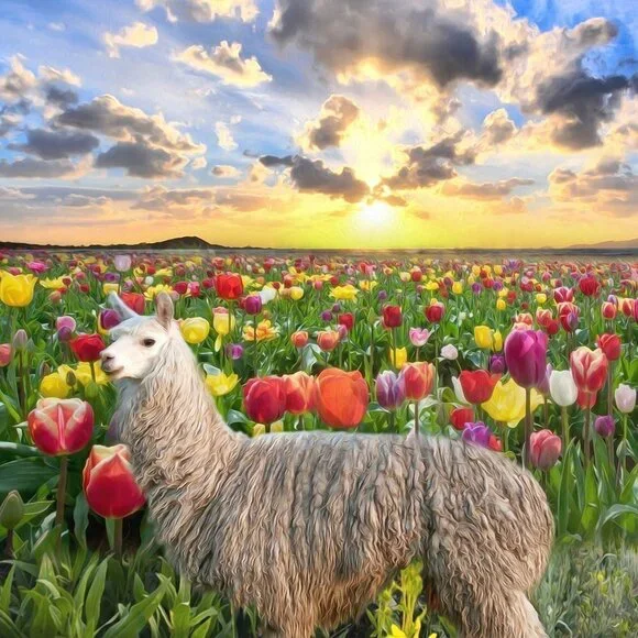 16x20 Suri Alpaca Field of Flowers Sky Landscape Fantasy Oil Painting‎ Art Print - Picture 3 of 7